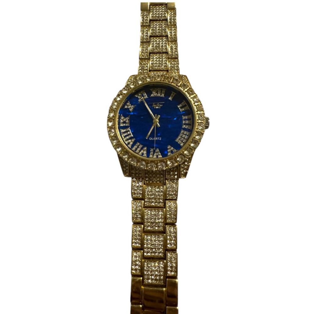 Techno Pave Stone Gold Finish Blue Marble Face Dress Up Hip Hop Fashion Watch